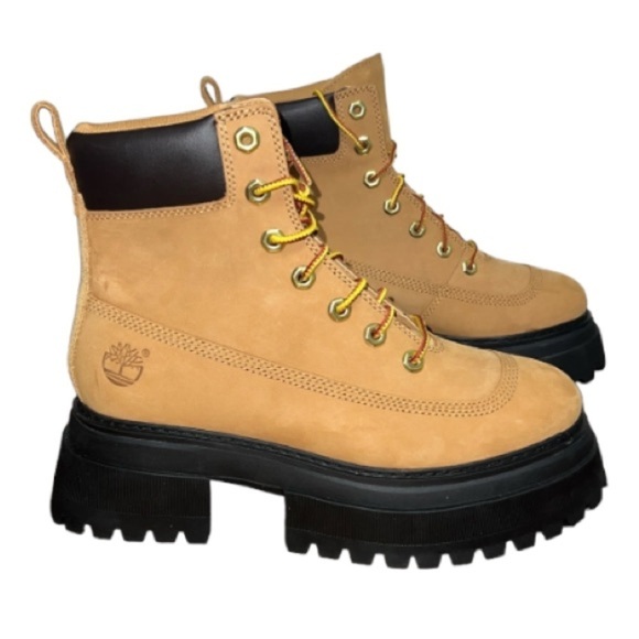 Timberland Sky Boots Wheat Nubuck Leather 6” Lace Up Platform Lug Soles Sz 7 - Picture 3 of 16